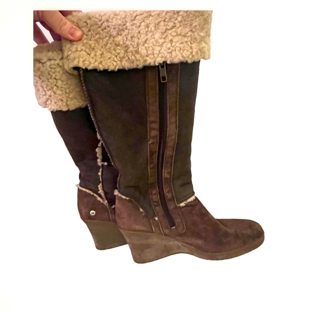 Ugg 7 Brown Tall Boots 5451 SANDRA Brown Leather Sheepskin Wedge Foldover